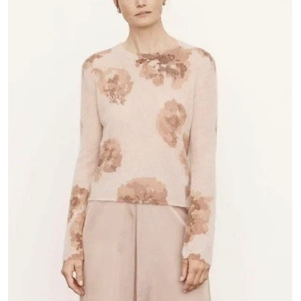 Vince Dahlia Floral Alpaca Mohair Blend Sweater XL Pink Cherry Blossom Crewneck